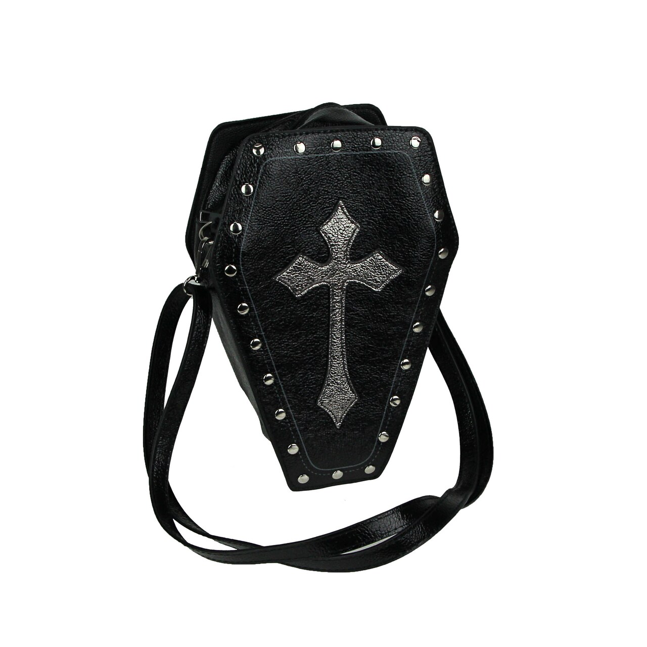 Black Vinyl Gothic Crossbody Coffin Purse Silver Cross Zip Closed Shoulder Bag